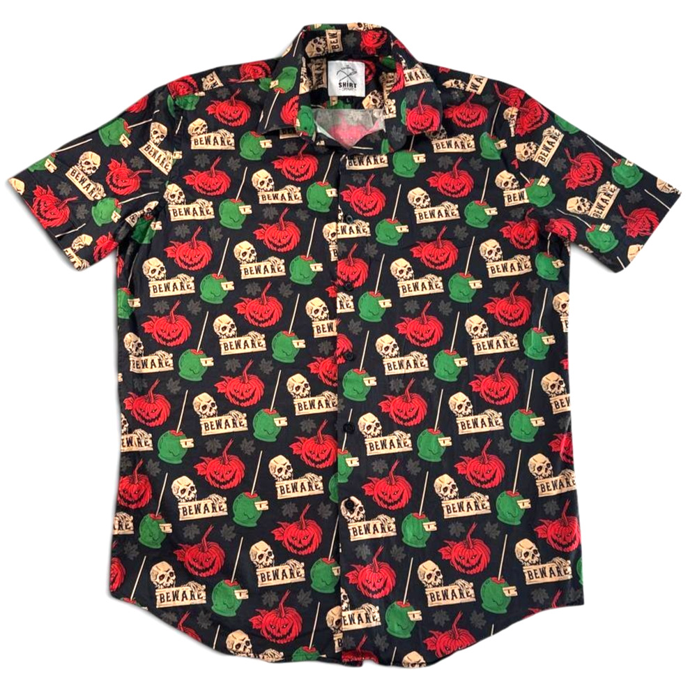 Halloween Shirt Company Beware Skull Pumpkin Candy Apple Button Up Shirt Large